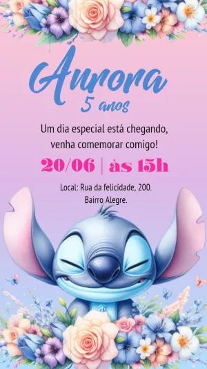 Convite Aniversário Stitch Floral para Editar Online