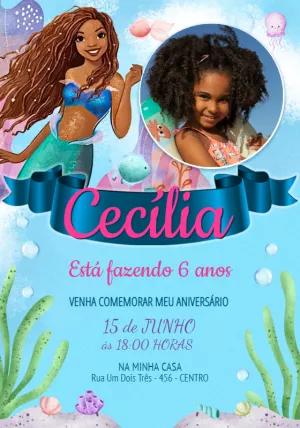 Convite Aniversário Sereia Negra com Foto para Editar Online