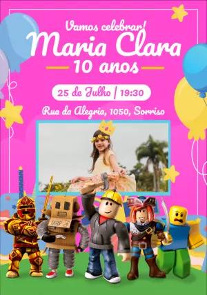 Convite Aniversário Roblox Menina com Foto para Editar