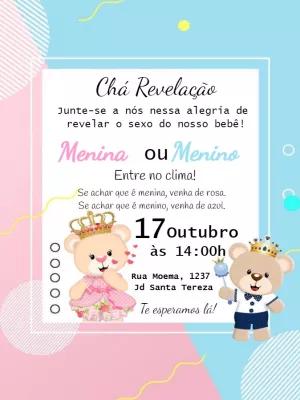 Convite Chá Revelação Ursinhos Realeza para Editar Online