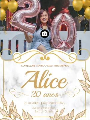 Convite de Aniversário Floral Dourado com Foto para Editar