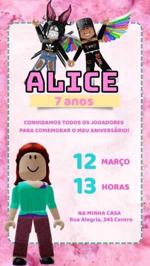 Convite de Aniversário Roblox Menina Editável com Avatar