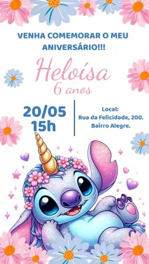 Convite Aniversário Stitch Unicórnio Floral para Editar Online