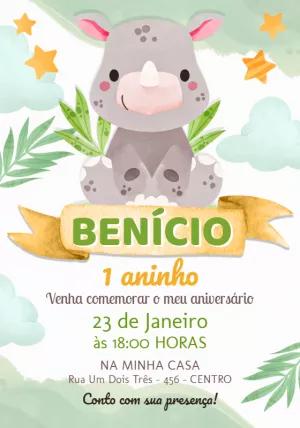 Convite Aniversário Rinoceronte Baby Aquarela para Editar