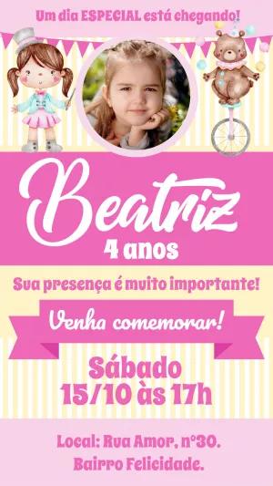 Convite Aniversário Circo Rosa com Foto para Editar Online