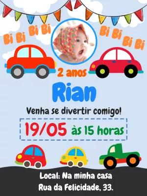 Convite Aniversário Carrinhos com Foto para Editar Online