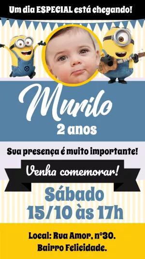 Convite de Aniversário Minions com Foto para Editar Online