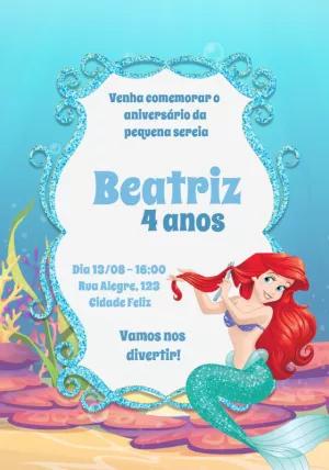 Convite Aniversário Ariel Pequena Sereia para Editar Online