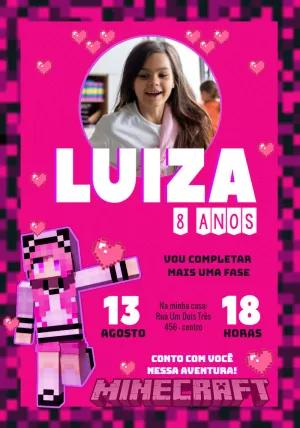 Convite Aniversário Minecraft Menina com Foto para Editar