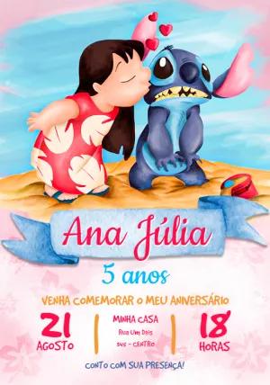 Convite Aniversário Lilo e Stitch Aquarela para Editar