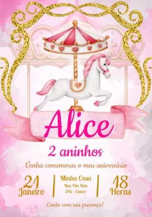 Convite Aniversário Carrossel Encantado Rosa para Editar Online