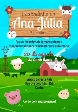 Convite Aniversário Fazendinha com Animais para Editar Online