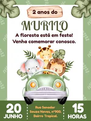 Convite Aniversário Safari com Animais Fofos para Editar