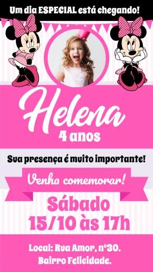 Convite Aniversário Minnie Rosa com Foto para Editar Online