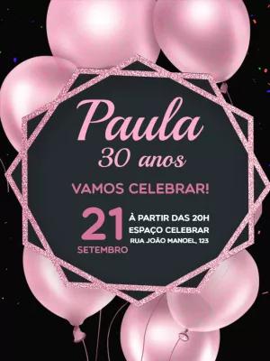 Convite de Aniversário Feminino Preto e Rosa com Balões para Editar