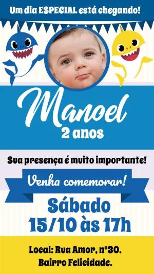 Convite de Aniversário Baby Shark com Foto para Editar Online