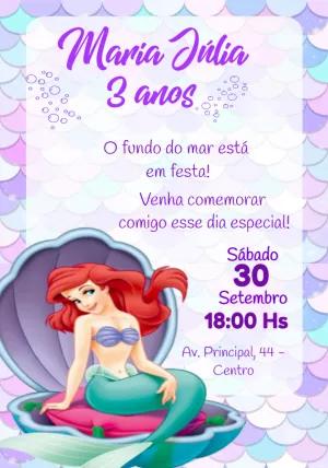 Convite Aniversário Sereia Ariel para Editar Online