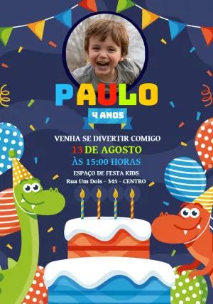 Convite de Aniversário Dinossauro com Foto para Editar Online