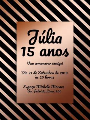 Convite 15 anos Rosê Gold e Preto Listrado para Editar