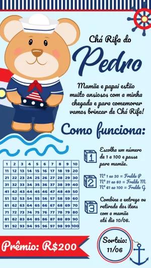 Convite Chá Rifa Ursinho Marinheiro para Editar Online
