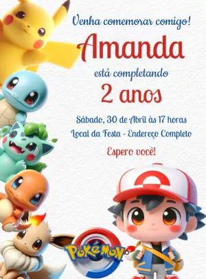 Convite Aniversário Pokémon Cute para Editar e Imprimir