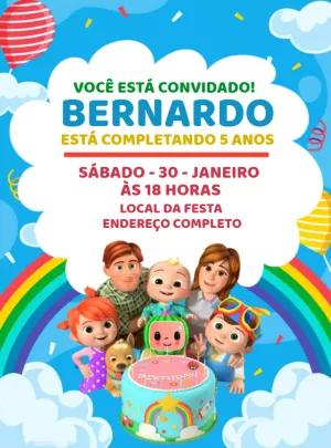 Convite de Aniversário Cocomelon com Personagens para Editar