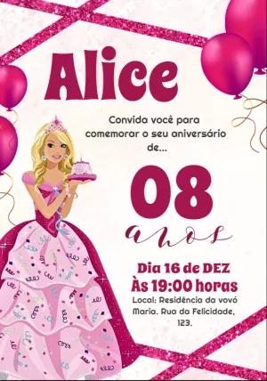 Convite de Aniversário Princesa Rosa Glitter para Editar Online