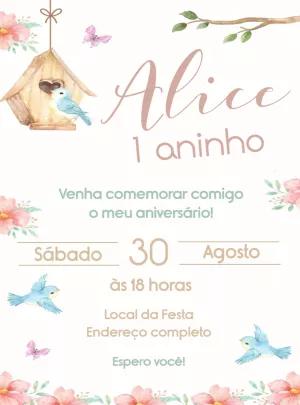 Convite Aniversário Jardim dos Pássaros Aquarela para Editar Online