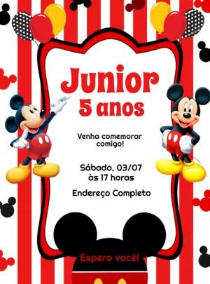 Convite de Aniversário Mickey Mouse Vermelho para Editar