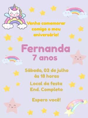 Convite de Aniversário Unicórnio Lilás para Editar Online