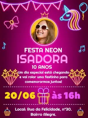 Convite de Aniversário Neon com Foto para Editar Online