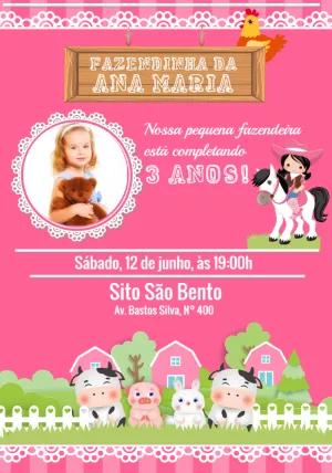Convite Aniversário Fazendinha Rosa com Foto para Editar Online