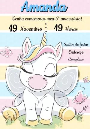 Convite de Aniversário Unicórnio Fofo para Editar Online