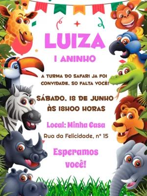 Convite de Aniversário Safari com Animais para Editar Online
