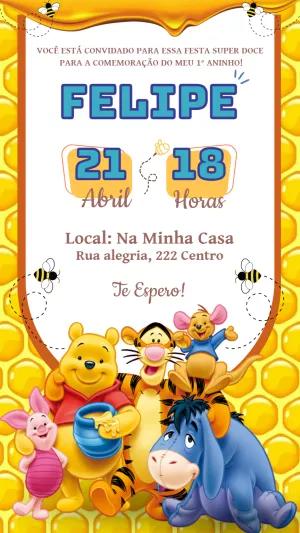 Convite Aniversário Ursinho Pooh e Amigos para Editar Online