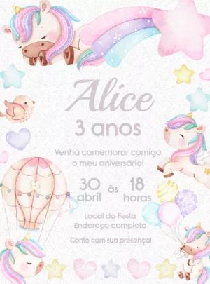 Convite Aniversário Unicórnio Fofo com Balões para Editar