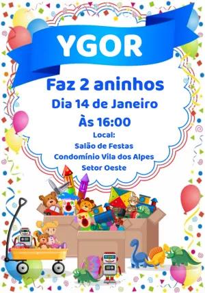 Convite Aniversário Brinquedos Coloridos para Editar Online