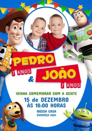 Convite Aniversário Duplo Toy Story com Foto para Editar Online