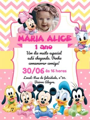 Convite Aniversário Disney Baby Rosa com Foto para Editar Online