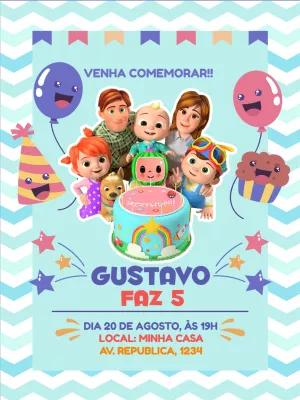 Convite de Aniversário Cocomelon com Personagens para Editar
