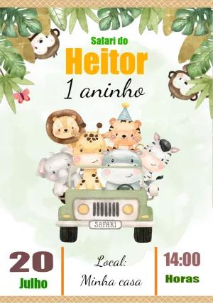 Convite Aniversário Safari com Bichinhos para Editar Online