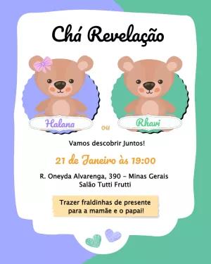 Convite de Chá Revelação Ursinhos para Editar e Imprimir