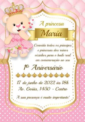 Convite Aniversário Ursinha Princesa para Editar Online