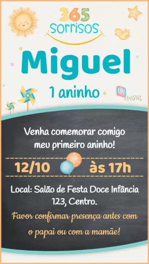 Convite Aniversário 365 Sorrisos com Sol e Catavento para Editar