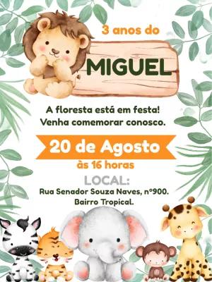 Convite Aniversário Safari com Animais Fofos para Editar Online