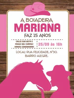 Convite Aniversário Boiadeira Country Rosa para Editar Online
