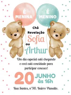 Convite Chá Revelação Ursinhos Fofos para Editar Online