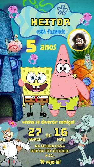 Convite Aniversário Bob Esponja com Foto para Editar Online