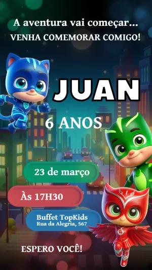 Convite de Aniversário PJ Masks com Heróis para Editar Online