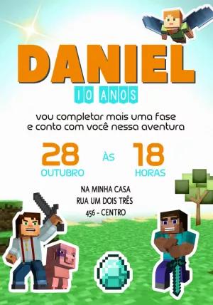 Convite de Aniversário Minecraft com Personagens para Editar